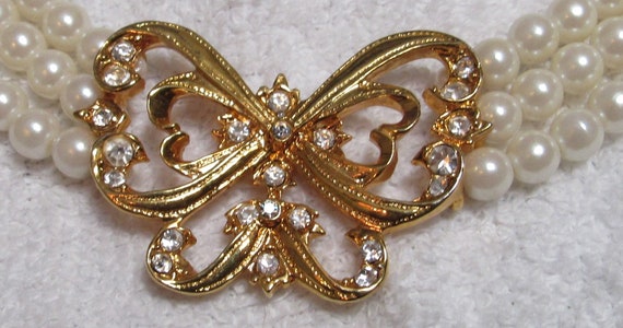 Vintage Faux Pearl Choker Butterfly Rhinestones A… - image 2