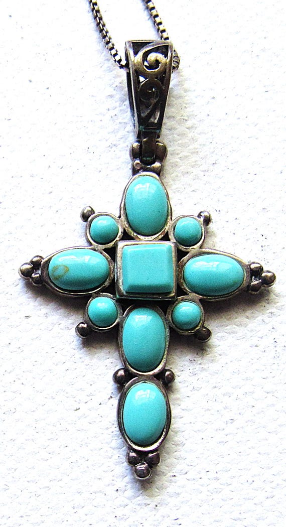 Vintage Sterling Silver Cross Necklace Turquoise Cabochons, Signed JC 925
