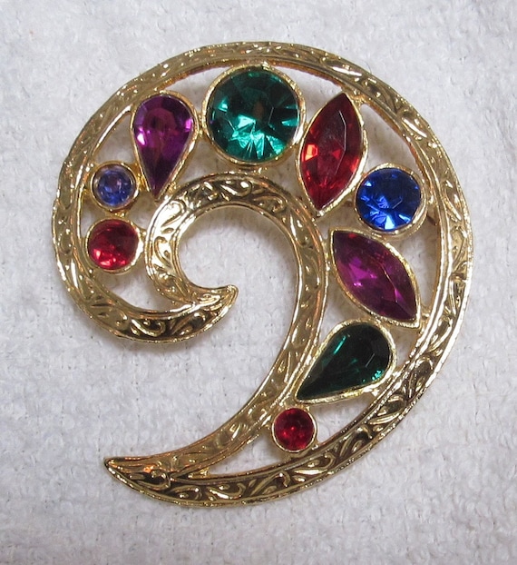 Large Vintage Jewel Tone Rhinestone Brooch Paisley