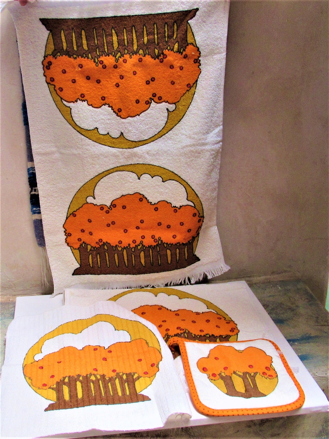 Vintage Kitchen Towel Set Potholder Wash Cloth NOS Etsy