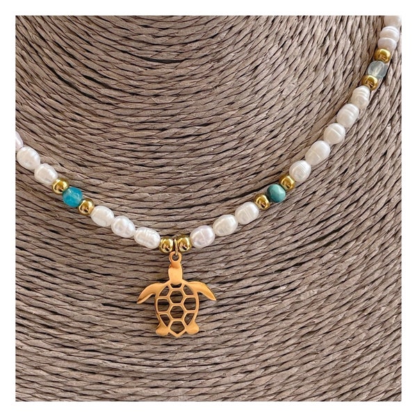 Necklace with natural pearls gold plating or acciaio gold perles pearls perlen pendant collana acciaio turtle 18k agate agate stone