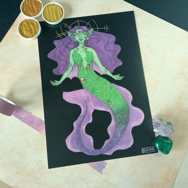 Angelic Horror Mermaid A5 Fantasy Art Print