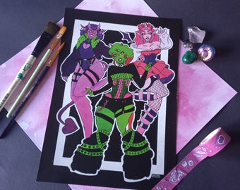 Monster Girl Trio, Fantasy Vampire, Demon, Zombie, A4 Matte Art Print