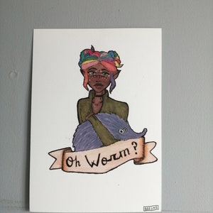 May include: A colorful illustration of a person with rainbow hair holding a purple worm with the text "Oh Worm?" on a banner.