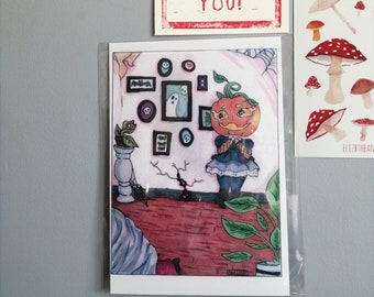 Creepy Pumpkin Girl Art Print, Pastel Goth Halloween, A5