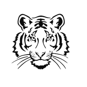 Könnte beinhalten: Schwarz-Weiß-Illustration eines Tigergesichts. Das Tigergesicht ist zentriert, mit detaillierten schwarzen Streifen und Markierungen. Die Schnurrhaare sind lang und markant, und die Augen sind fokussiert.