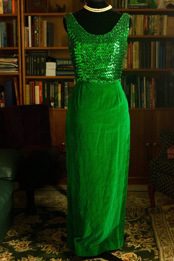 Late 50s Emerald Velvet and Sequins Evening Gown