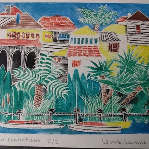 Tropical Waterfront handprinted linocut