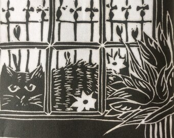 Gato atigrado en la ventana linograbado original impreso a mano 10 x 15 cm