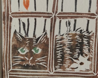 Cat in the Window hand printed linocut