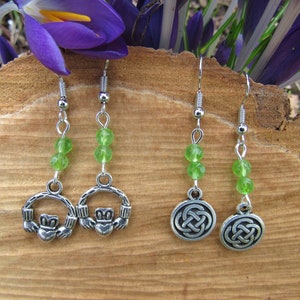Claddagh Celtic Knot Peridot Bead Dangle Earrings