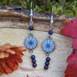 Spiderweb and Purple Bead Dangle Earrings
