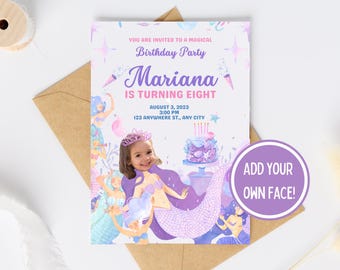 Customizable Mermaid Birthday Card, Kids Party (PDF Download)