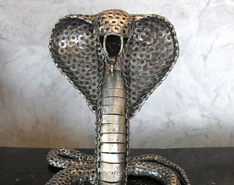 Scrap Metal Cobra Sculpture, Welded King Cobra Figurine, Recycled Steel Snake Statue with Washers Scales