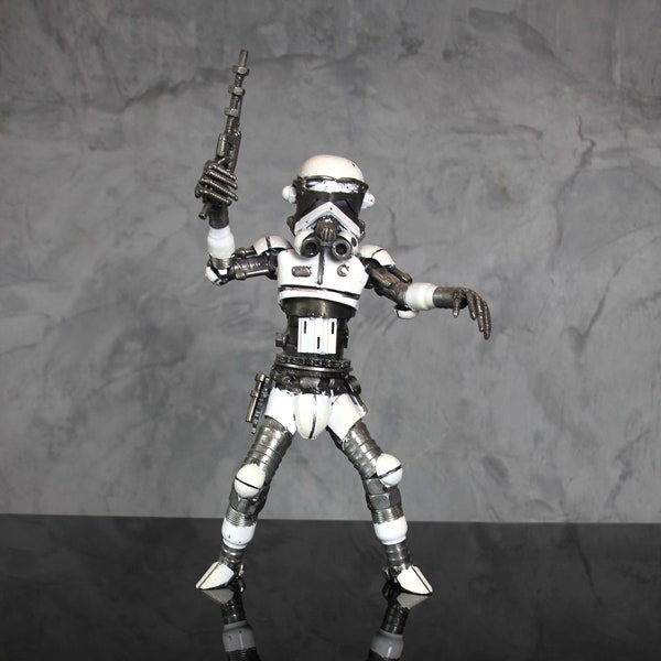 Scrap Metal Galactic Soldier Sculpture, Welded White Armor Sci-Fi Warrior Statue