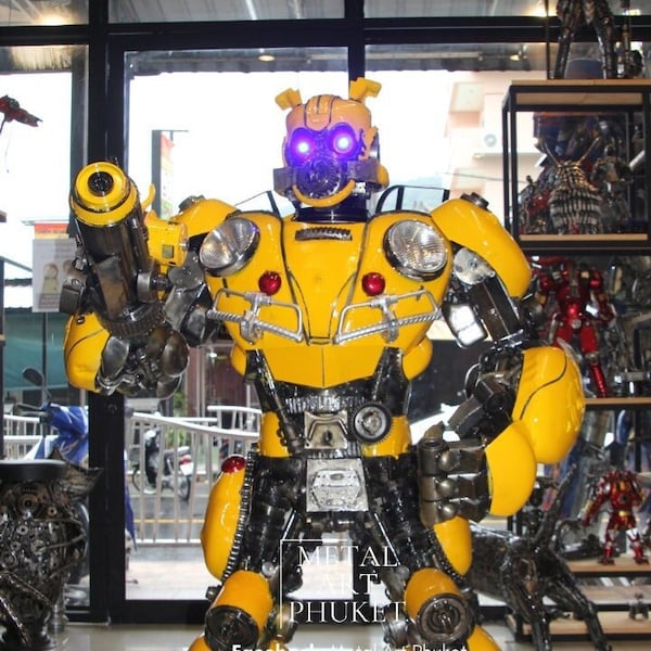 Handcrafted Metal Yellow Galactic Soldier Statue, Industrial Welded Plasma Cannon Robot Figure, Upcycled Steampunk Sci-Fi Machine Art