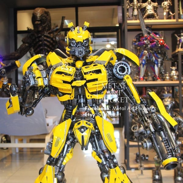Handcrafted Metal Yellow Wasp Soldier Statue, Industrial Welded Movie Machine Figure with Battle Mask, Upcycled Steampunk Robot Art