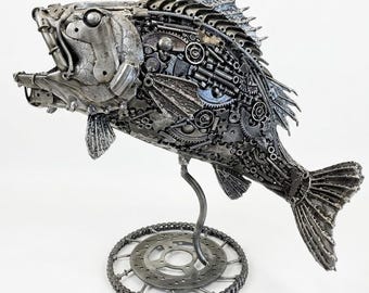 Handcrafted Metal Sea Monster Figure, Industrial Welded Ocean Predator Machinery Art, Upcycled Gear Marine Animal Toy