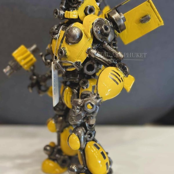 Handcrafted Metal Bumblebee Car Robot Figure, Industrial Welded Yellow Droid Machinery Art, Upcycled Scrap Metal Alien Soldier