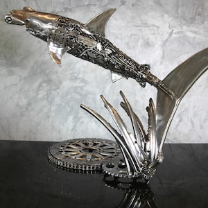 Hammerhead Shark With Stand 23&quot; Recycled Scrap Metal Art Sculpture