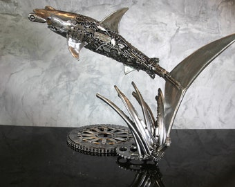 Hammerhead Shark With Stand 23&quot; Recycled Scrap Metal Art Sculpture