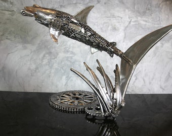 Hammerhead Shark With Stand 23" Recycled Scrap Metal Art Sculpture