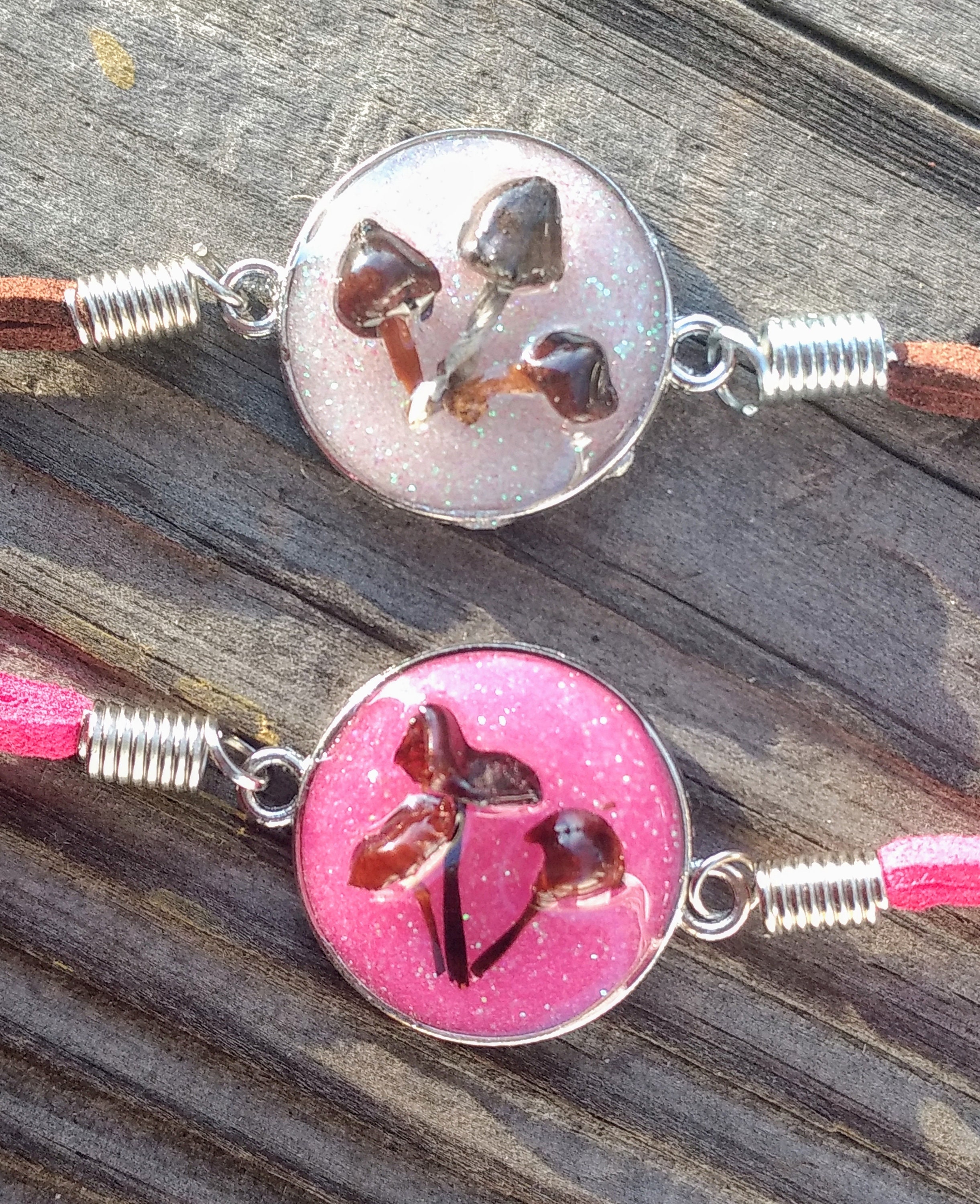 Real Mushroom Bracelets Pink or Brown Leather 3D Charm Etsy