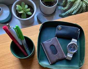 Hand made leather valet tray and pen holder set