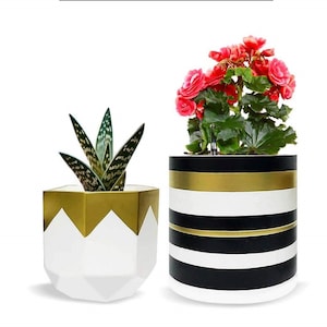 Indoor Planter- Ceramic Plant Pot- Large Flower Pot, White, Black and Gold Home Decor, gardening gift, Modern Planter,Two Ceramic Plant Pots