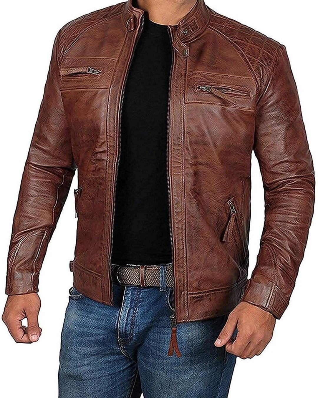 Men Biker Leather Jacket Hand Made Brown Leather Jacket Slim - Etsy