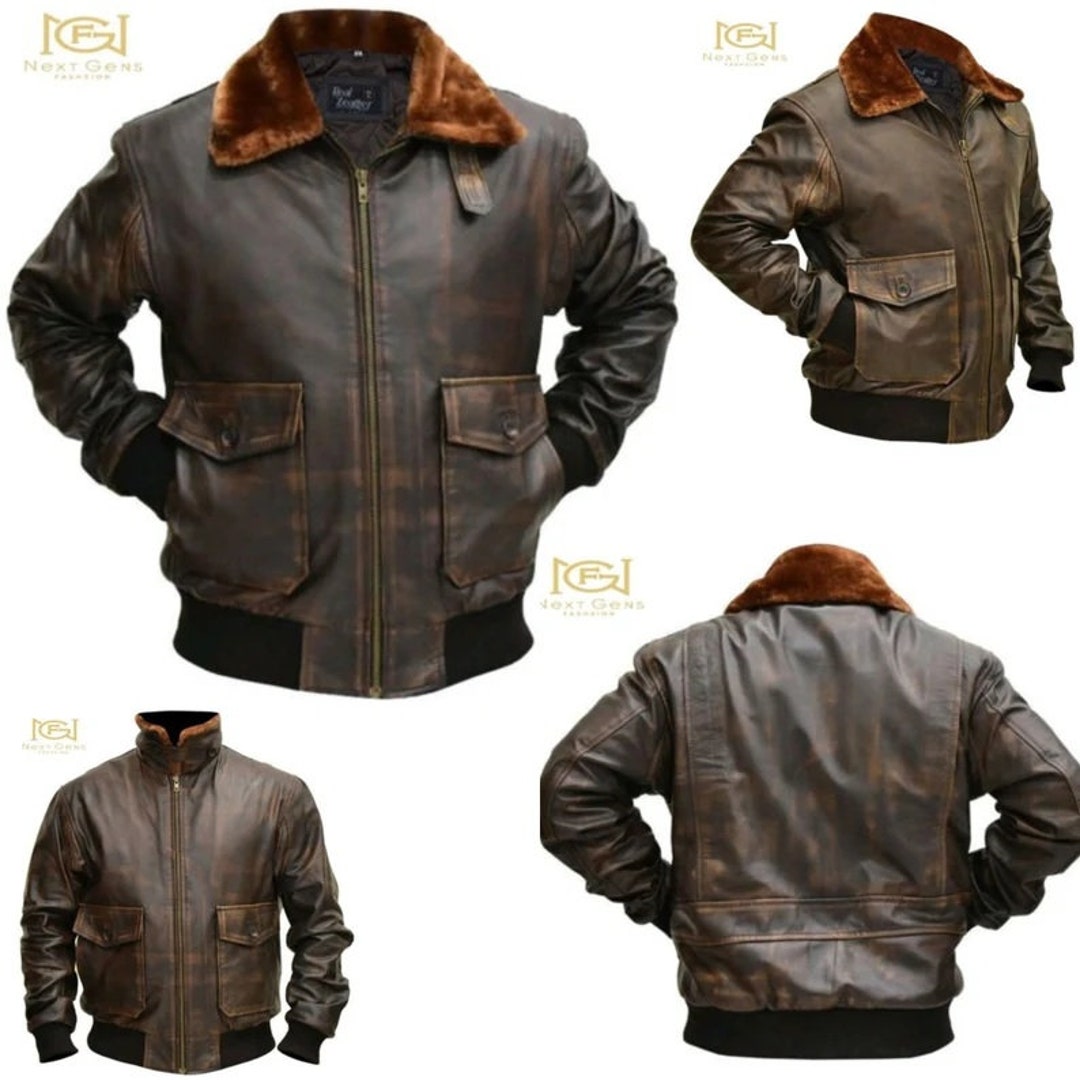 Handmade Leather Bomber Jacket.g1 Flight Brown Real Cowhide Leather