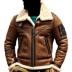 Mens Shearling Jacket B3 Flight Jacket Lambskin Leather/Sheepskin Winter Coat Fur Bomber Leather Jacket, mens leather jacket