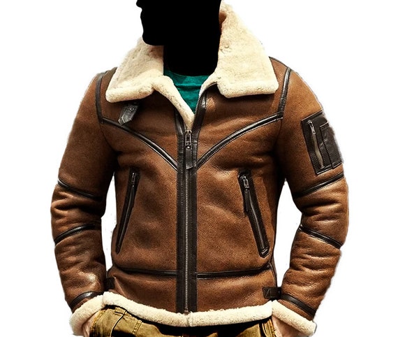 Abrigo de piel de oveja auténtica para hombre, chaqueta Bomber B3