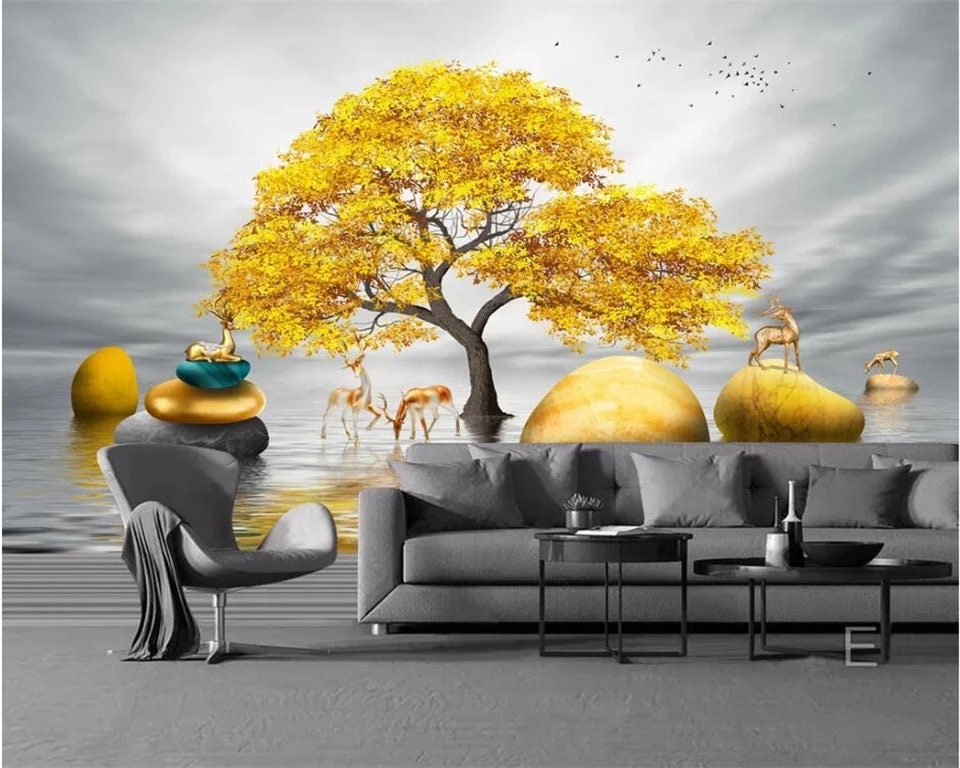 3d Wallpaper illusion mural wall art gold tree mural Etsy