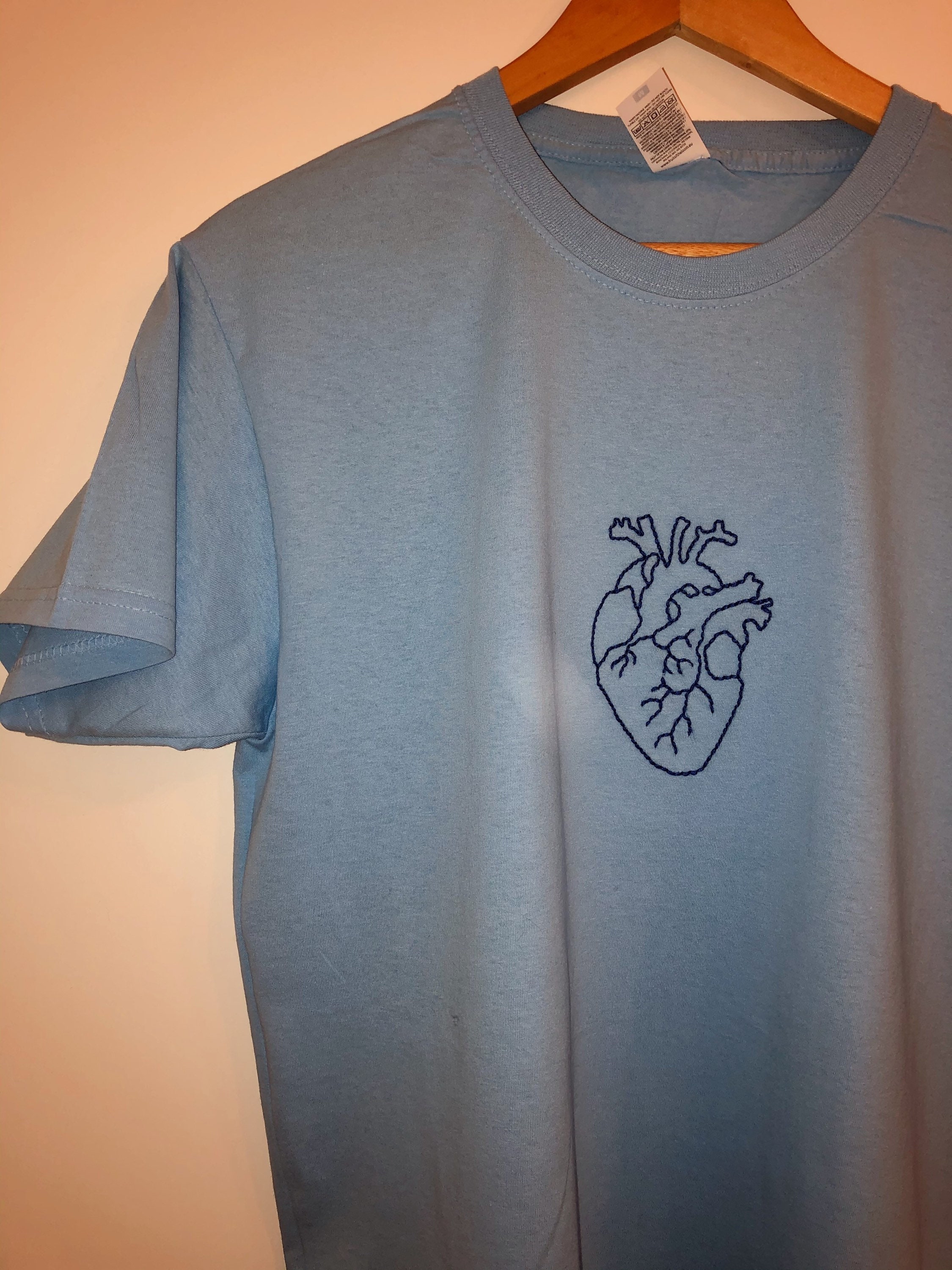 Handembroidered Shirt With Heart in Light Blue Cotton Etsy UK