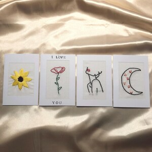 Handmade per Hand bestickte Grußkarten verschiedene Motive und Sprüche Valentinstag, Geburtstag usw.