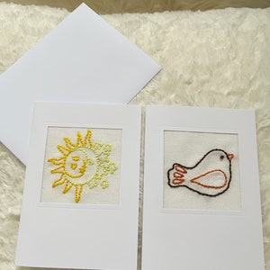 Süß per Hand bestickte Karten für jeden Anlass Grußkarten zum verschenken Vogel Mond und Sonne handmade