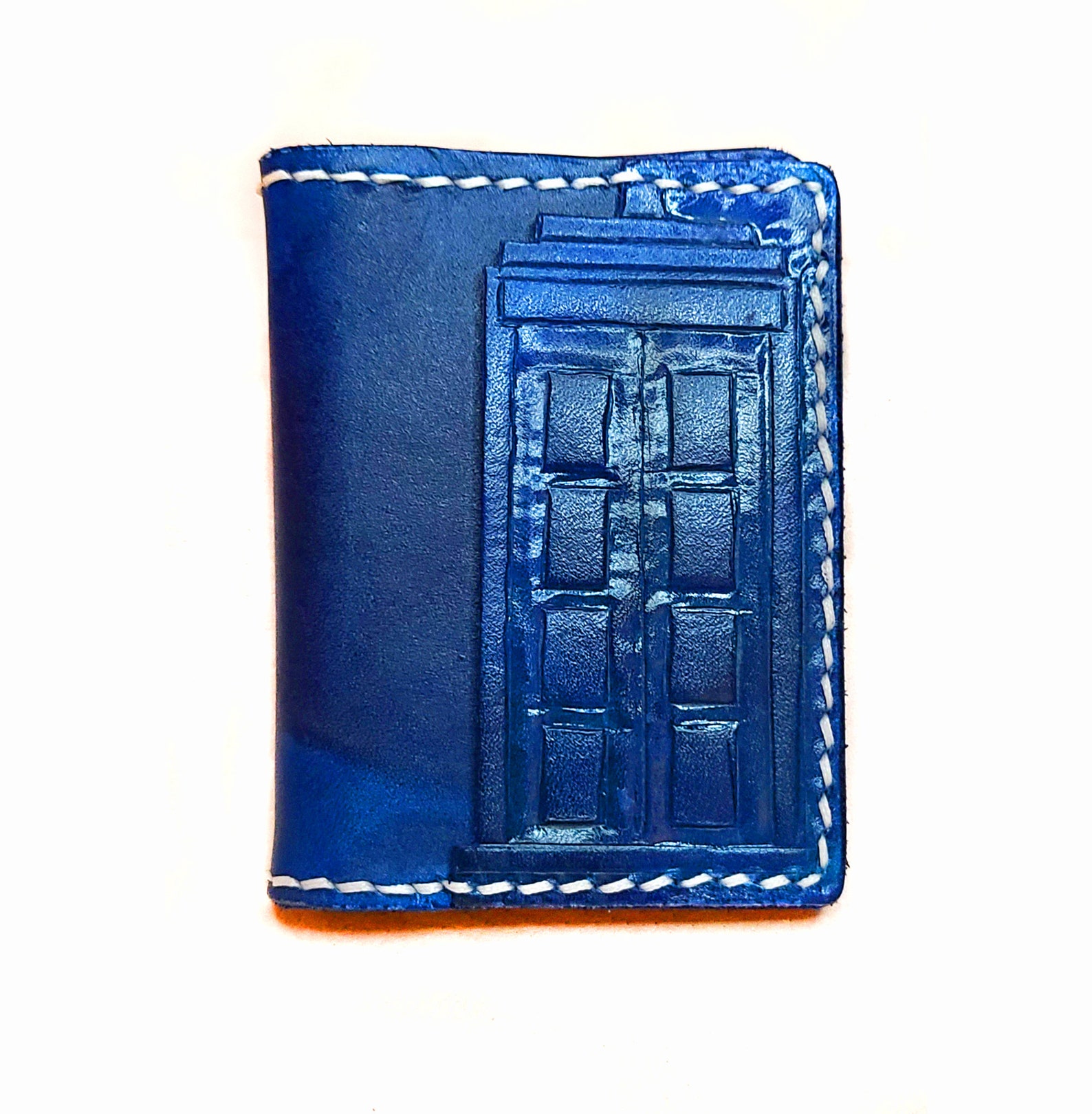 Blue Leather handmade wallet with Dr Who TARDIS design