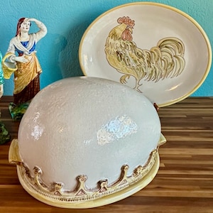 Louisville Stoneware Meat Dome & Rooster Platter, Handmade Crown Style, American Stoneware Pottery, Salted Glaze, Paristown Pointe Kentucky