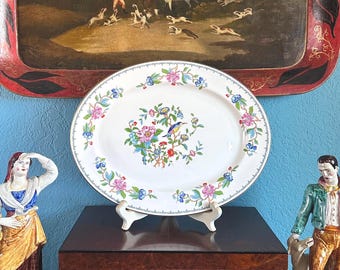 Aynsley “Pembroke” Large Oval Serving Platter, 16 1/4”, Polychrome Chinoiserie Bird Flowers Pattern, Blue Pink Green Yellow, Vintage England