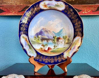 Antique Hand-Painted Porcelain Cabinet Wall Plate, 9 3/4", Original Lake Mountain Scenes, Cobalt Blue Gold Rim, English/European, Mom Gift