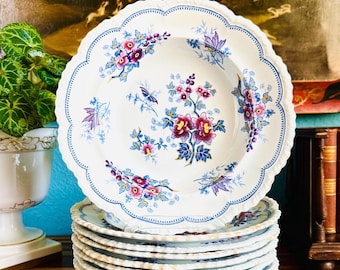 9 Georgian Ridgway 1820’s Japan Flower Stone China JWR, #1240, John & William Ridgway, Soup Plate Stew Bowl, Gadroon Edge, Cauldon England