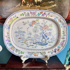 XL 18" Davenport 1820's  "Stork" Stone China Meat Platter Serving Tray, Transfer Hand Enamel, Pattern 24/27, Longport Staffordshire Georgian