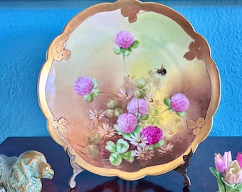 Pickard "Clover Blossoms & Honey Bee" 8 1/2" Plate, Artist Signed H. Reury, 1903-1912, Pink Green Yellow w/ 24K Gold, Chicago, USA