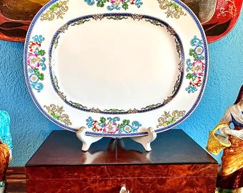 Large Minton’s B898 Porcelain Serving Meat Platter, 16 5/8", B898, Hand-Enameled, Antique C 1925, Flower Garlands, Smooth Edge, England