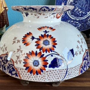 Ridgways "Agra" Antique Rare Footed Centerpiece Fruit Punch Bowl, Brown Transfer ware w/ Hand-Painted Flowers, Cobalt Blue Rust Gold,England