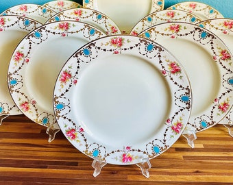 10 Antique Cauldon Ltd Porcelain Dinner Plates, White w/ Tiffany Blue Enameled Ovals, Hand Painted Pink Roses, Ornate Gold Garlands, England