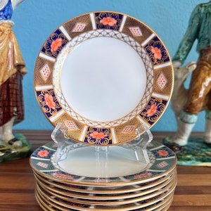 9 Royal Crown Derby "Old Imari Border" Bread & Butter Side Plates, 6 1/8", No. 8450, Antique 1926, 22K Gold, Cobalt Blue, Salmon, England