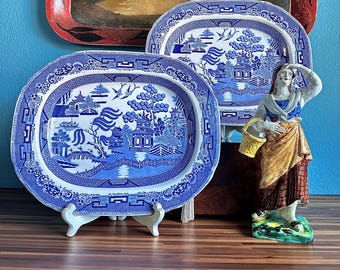 Pair (2) Matching 16” Rectangular Meat Platters Trays, Blue Willow Transfer Ware, Flow Blue, Chinoiserie, Ridgway, 19th C, Antique, England