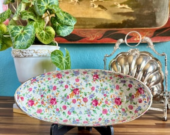 Vintage Grimwades Royal Winton Ivory "A", Old Cottage Chintz, 11" Canoe Shaped Dish Bowl Tray, Pink Blue Orange Flowers w/ Gold, England